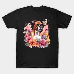 A boxer dog decorated with beautiful watercolor flowers T-Shirt